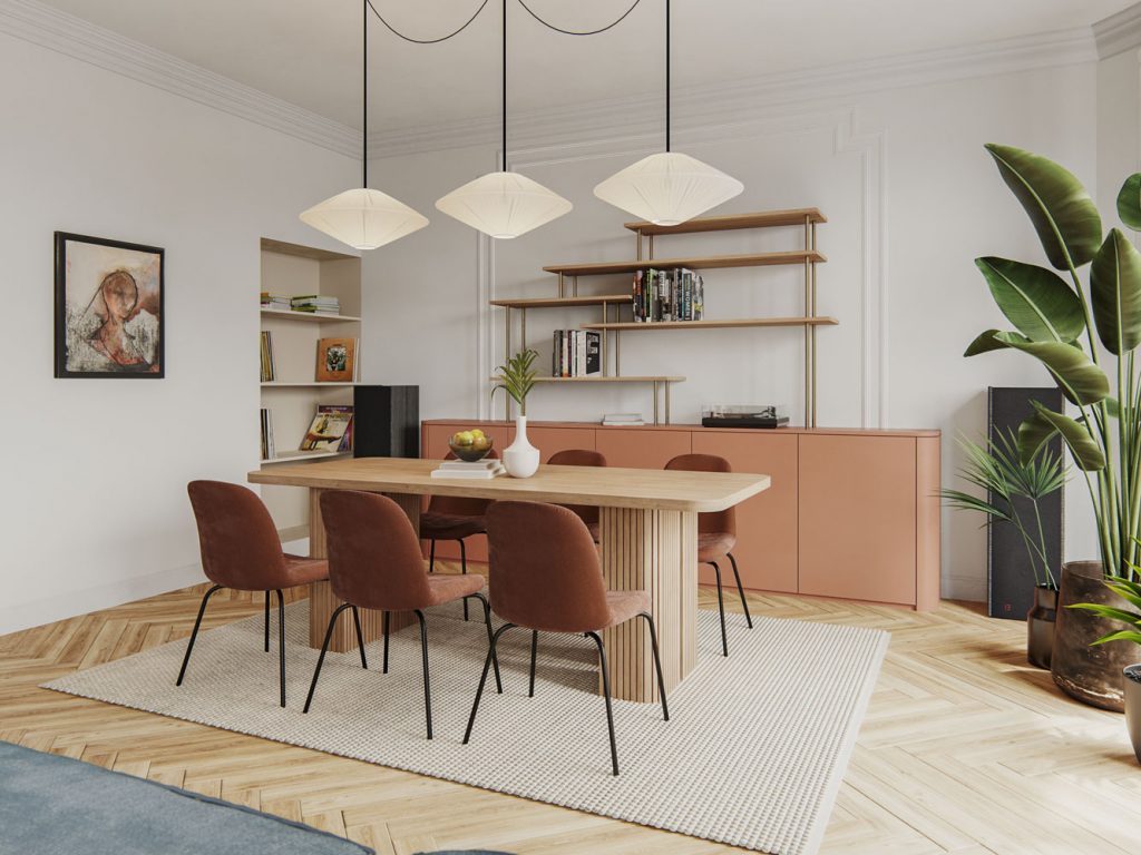 Modélisation 3D d'une salle à manger avec table en bois et buffet couleur terracotta