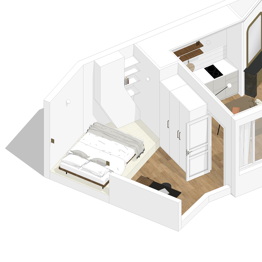 3D Sketchup d'une salle de bain et d'une chambre transformés en grande chambre avec estrade.