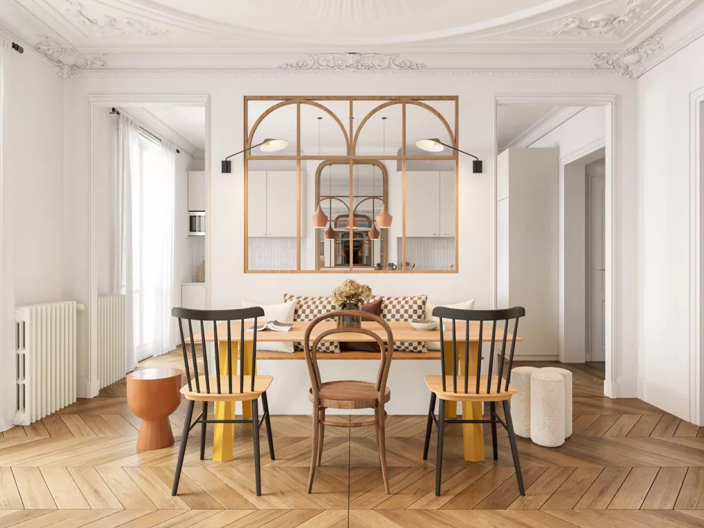 3D d'une salle à manger avec une banquette et une verrière en bois massif